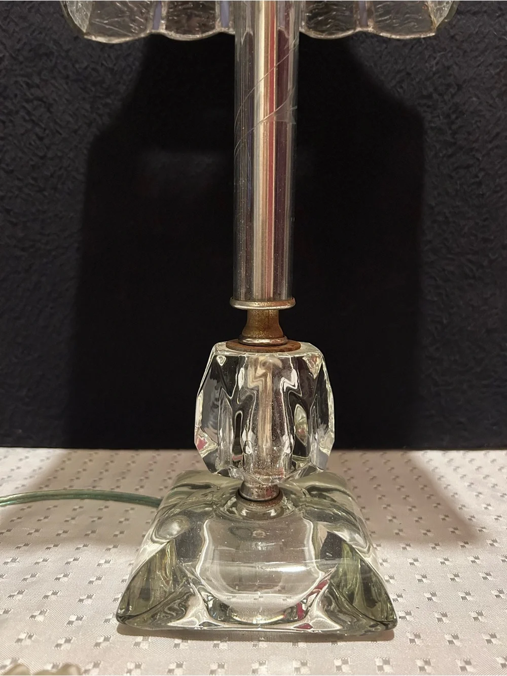 Vintage Glass Base Table Lamp with White Stained-Glass Shade Etched Glass Shaft